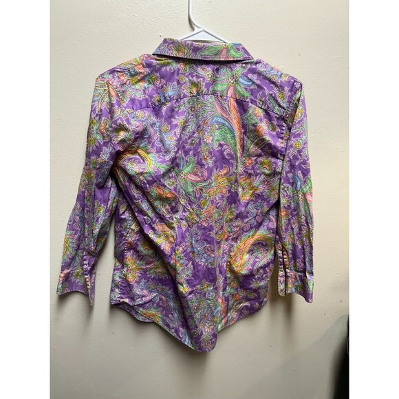 Lauren Ralph Lauren Purple Paisley Print 3/4 Sleeve Cotton Button Up Shirt M - Picture 3 of 5